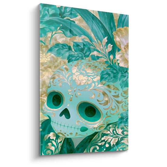 Leinwand Schädel türkis und golden mit floralen Ranken - Tropisches Blattwerk umhüllend - Edition Dia de los Muertos