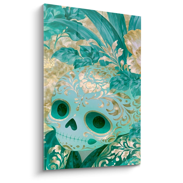Turquoise and Gold Skull Painting with Floral Scrolls - Tropical Foliage Wrapping - Dia de los Muertos Edition