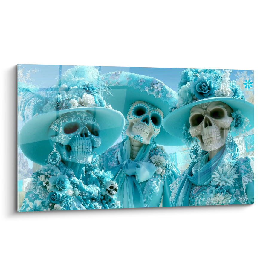Tableau Trio de crânes turquoise et blanc aux larges chapeaux fleuris - Boucles d'oreilles en cristal - Edition Dia de los Muertos