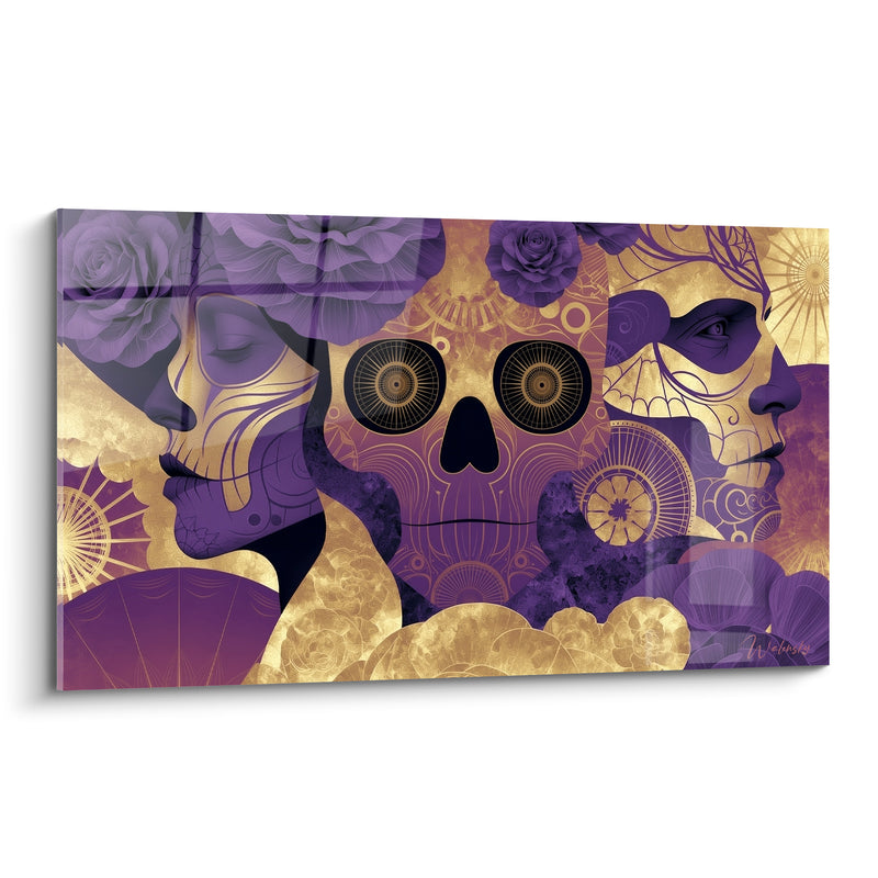 Tableau Crâne violet et doré aux yeux spiralés - Profils face à face - Edition Dia de los Muertos
