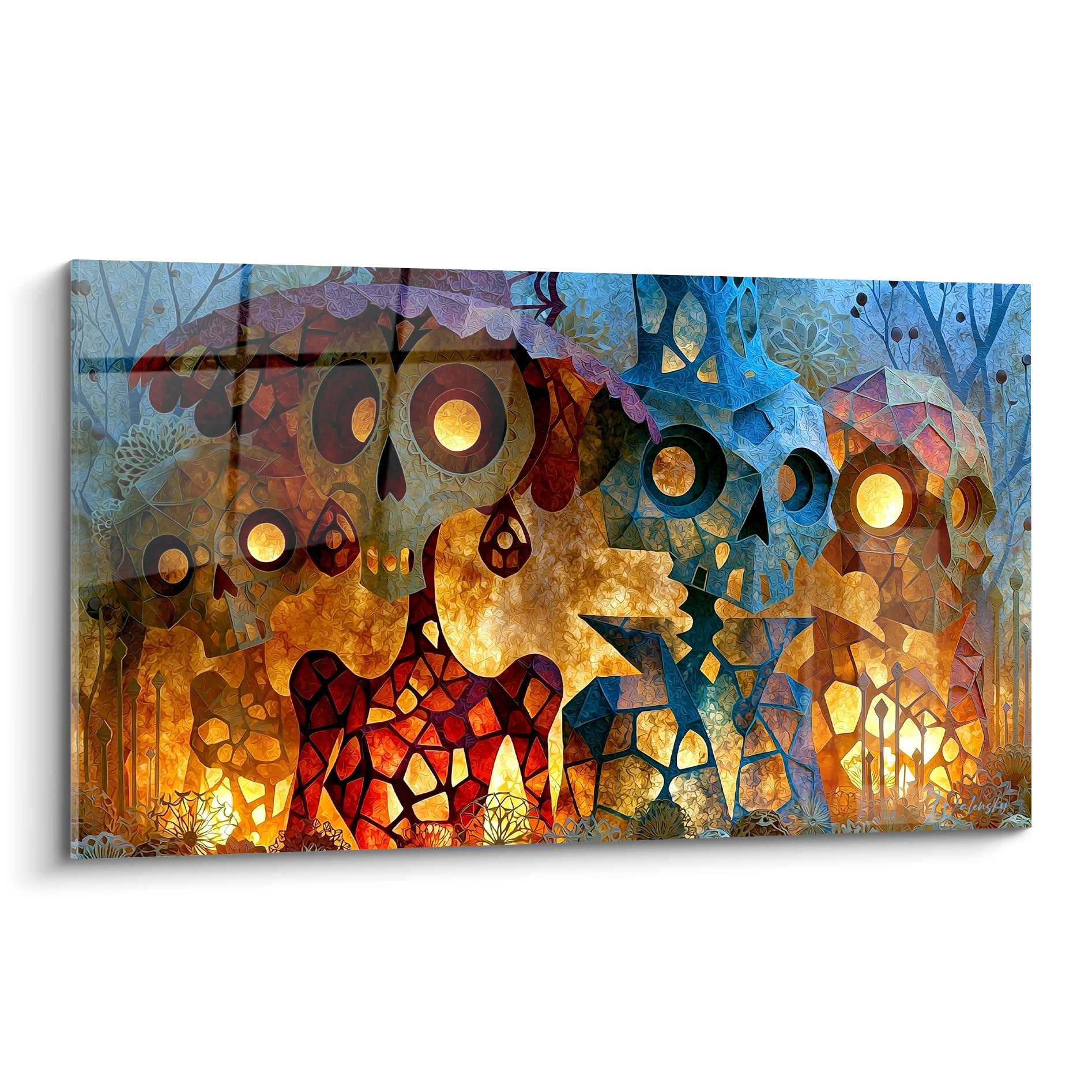 Trois crânes Dia de los Muertos en facettes bleu marine et ambre doré, style vitrail lumineux