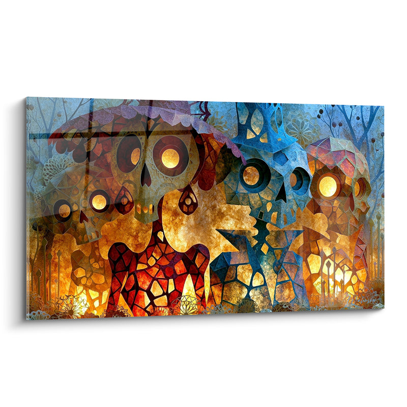 Tableau Crânes vitrail orange et bleu incandescents - Silhouettes en forêt nocturne - Edition Dia de los Muertos