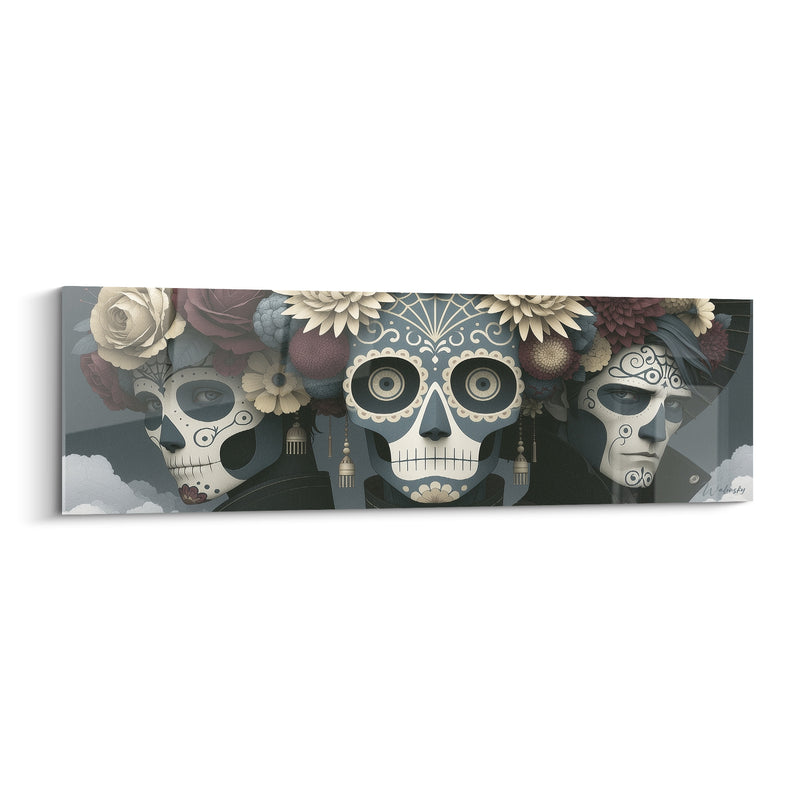 Tableau Trio de crânes gris et ivoire aux dahlias - Pendentifs à franges dorées - Edition Dia de los Muertos