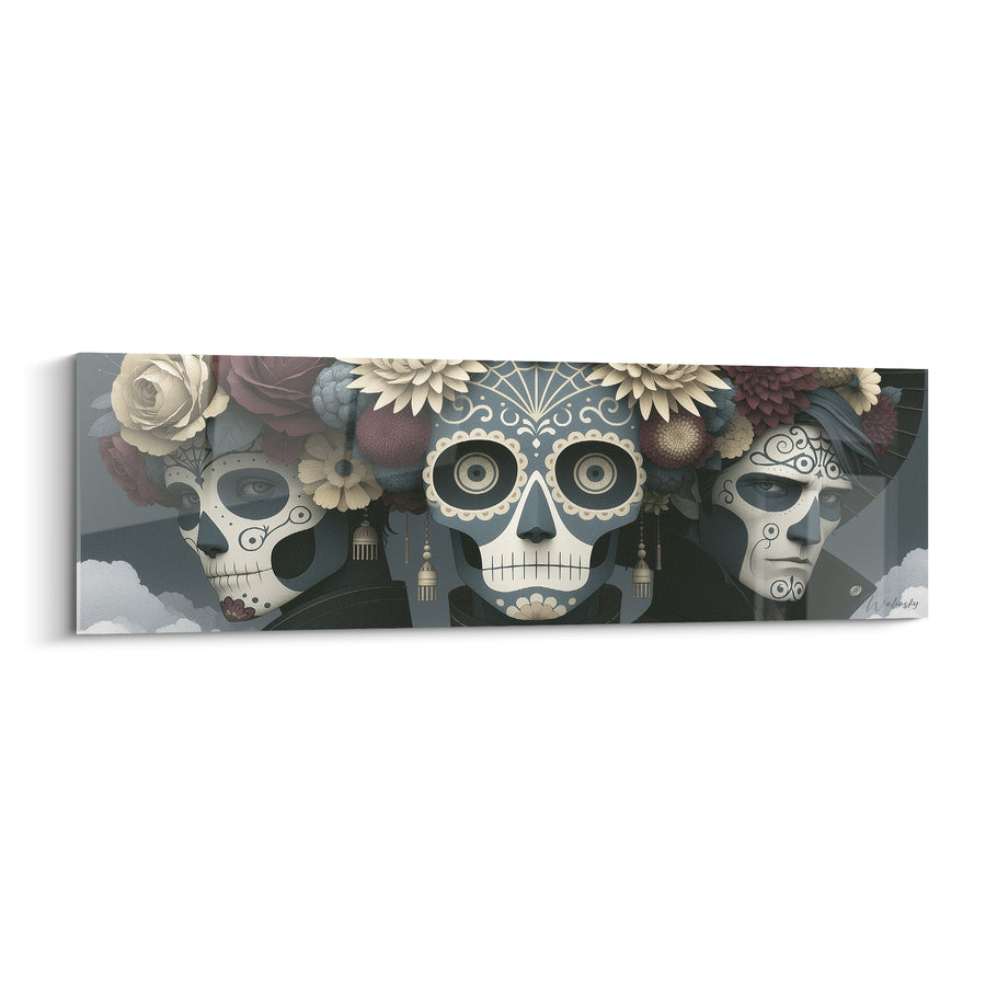 Tableau Trio de crânes gris et ivoire aux dahlias - Pendentifs à franges dorées - Edition Dia de los Muertos