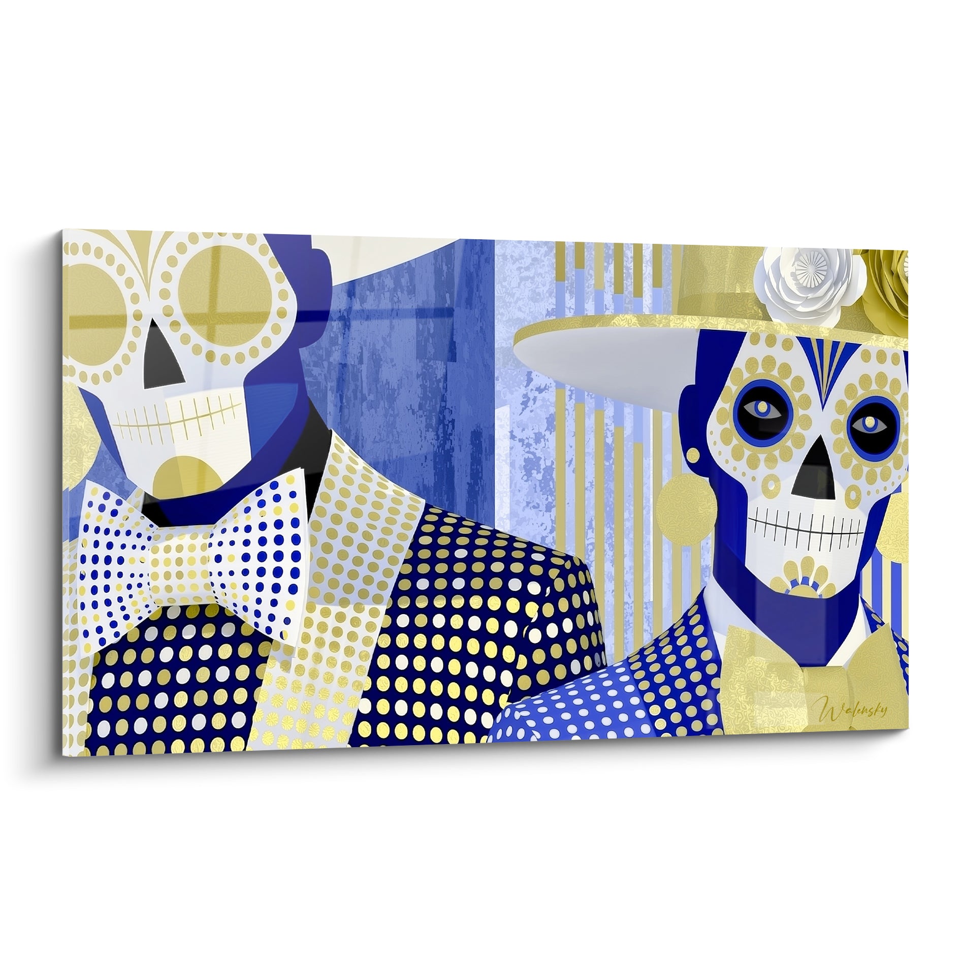 Crânes Dia de los Muertos dorés et bleu marine en costume à pois sur fond graphique rayé
