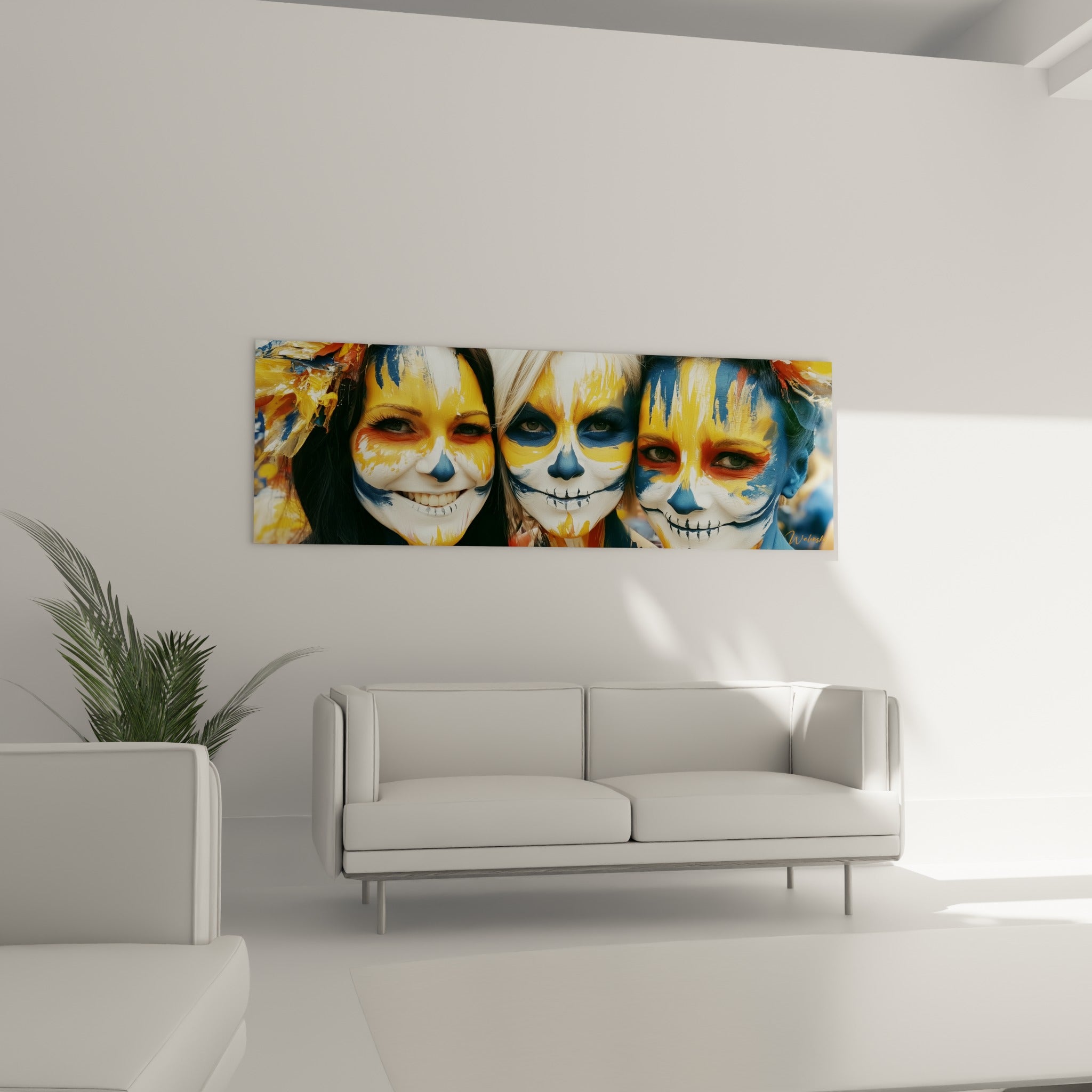 Crânes peints Dia de los Muertos bleu marine et jaune au-dessus d'un canapé dans un salon lumineux
