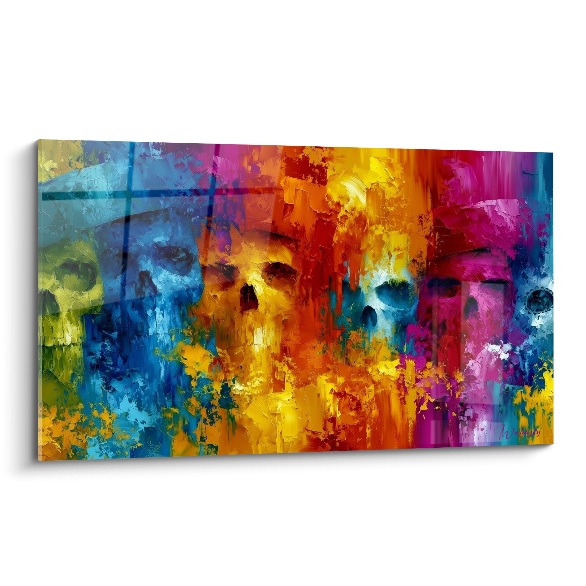Crânes bleu marine et jaune safran alignés en peinture à l'empâtement, Dia de los Muertos flamboyant