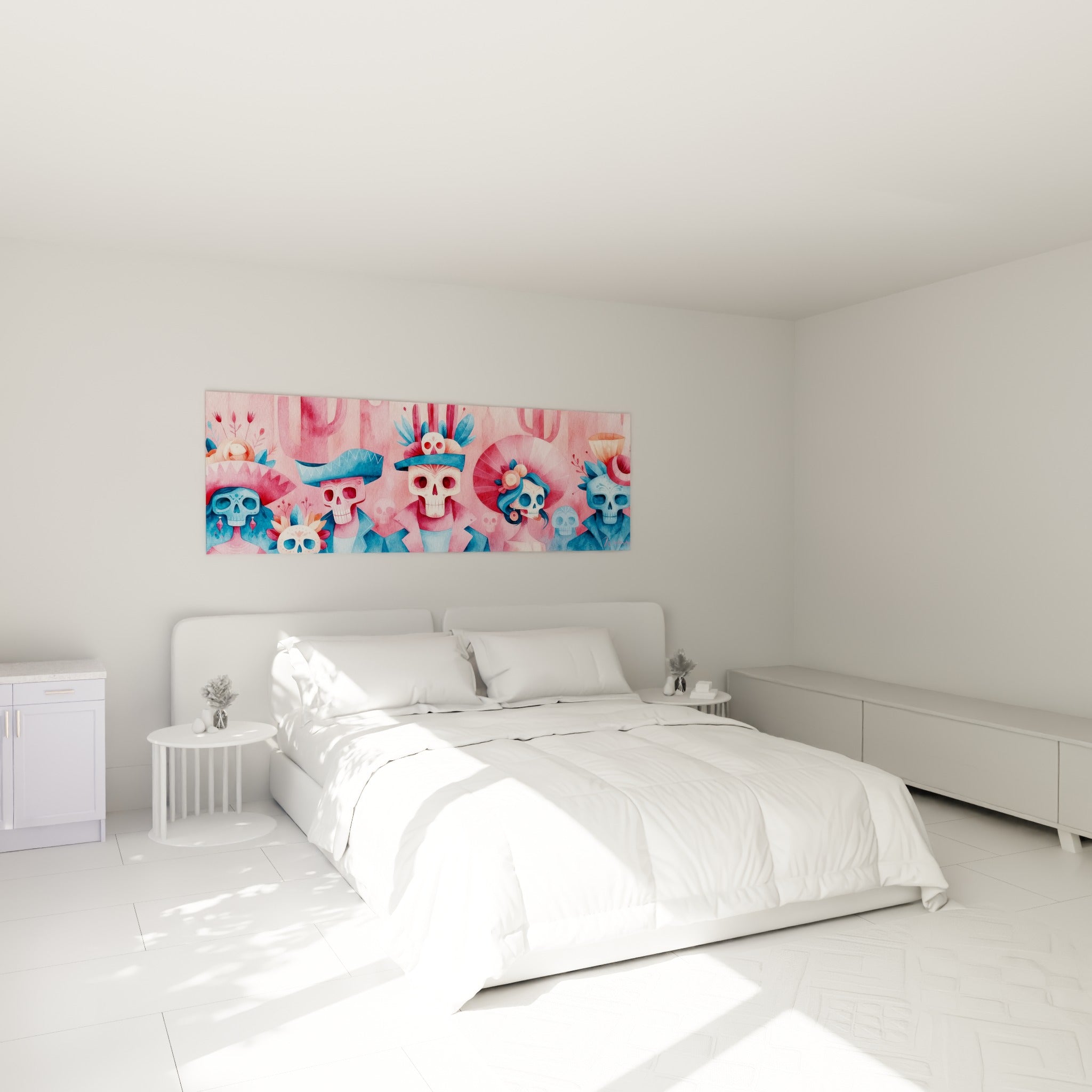 Squelettes Dia de los Muertos en rose corail et bleu ardoise ornent le mur au-dessus d'un lit dans une chambre claire