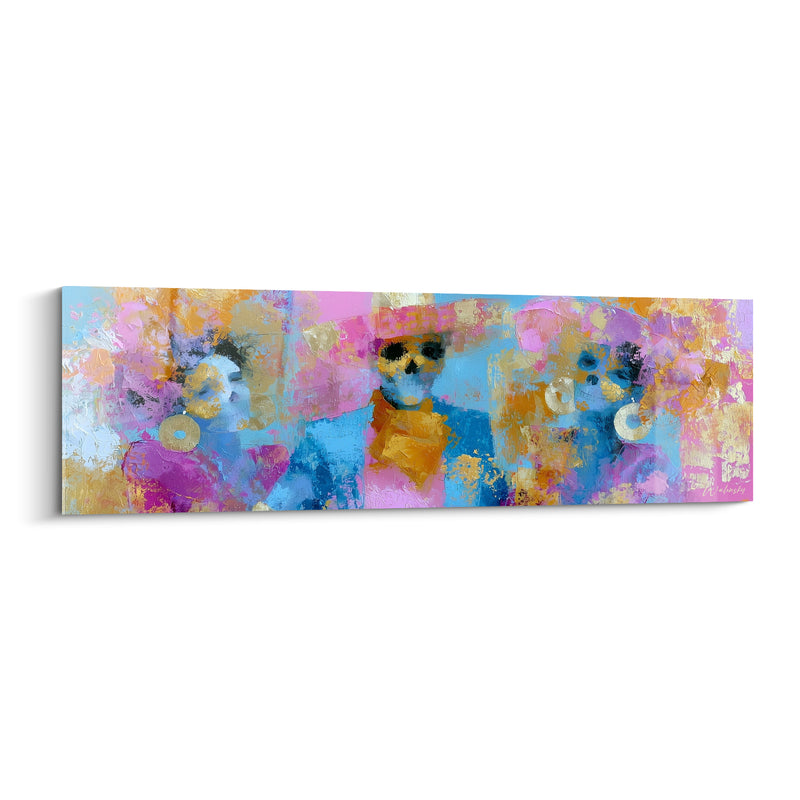 Tableau Trio de crânes bleu et rose aux boucles dorées rondes - Foulard orange noué - Edition Dia de los Muertos