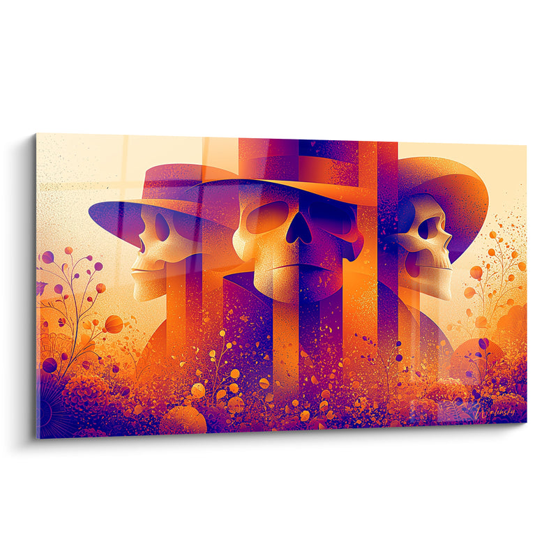 Tableau Trois crânes chapeautés violet et orange aux bandes verticales - Fleurs sauvages en buisson - Edition Dia de los Muertos
