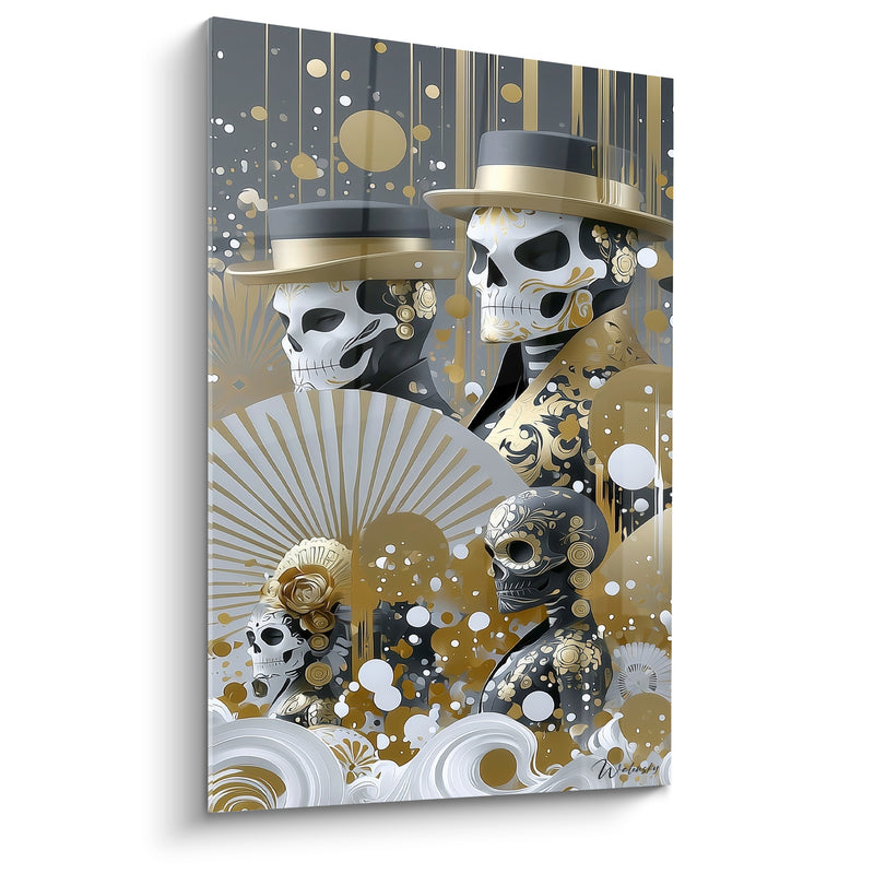 Tableau Crânes chapeautés gris et doré à l'éventail blanc - Chapeaux hauts de forme - Edition Dia de los Muertos