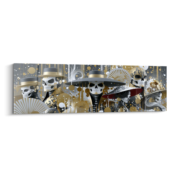 Leinwand Totten mit Hüten in Grau und Gold mit geöffneten Fächern - Haarreif mit Elfenbeinfreundlichkeiten - Dia de los Muertos Edition
