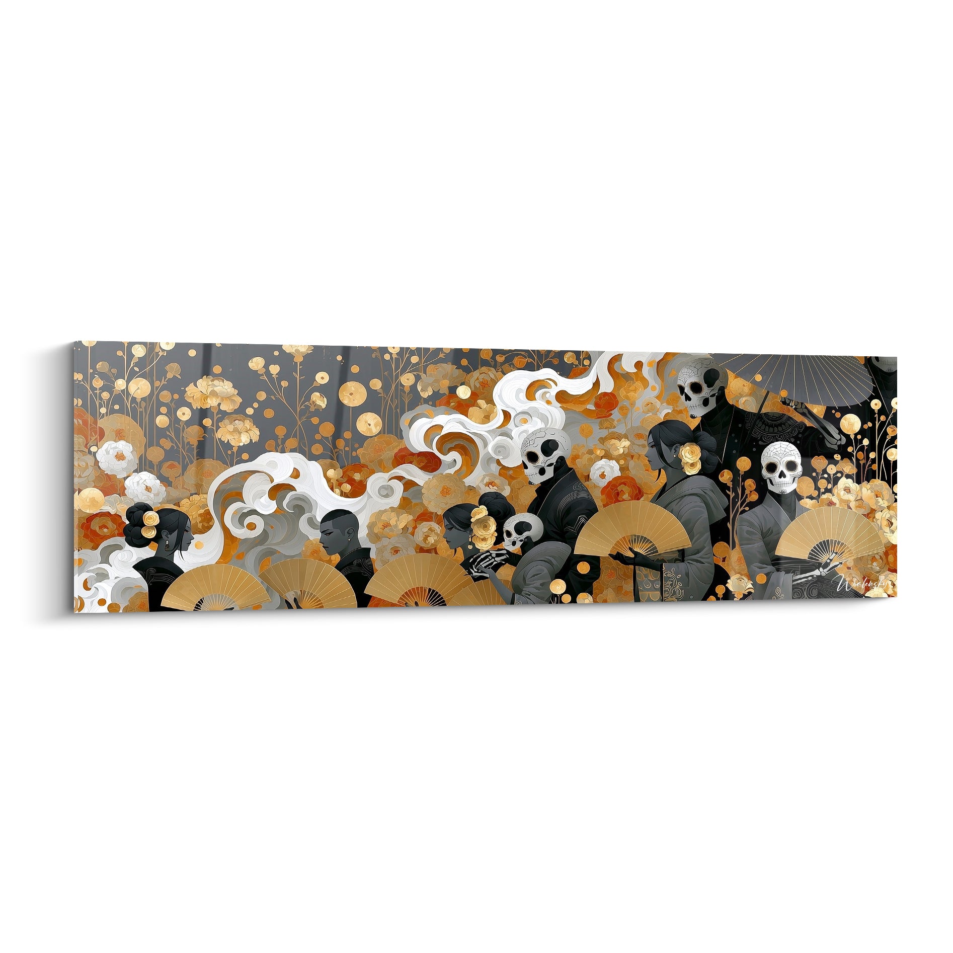 Silhouettes noires et crânes dorés dans ce tableau Dia de los Muertos, éventails ocre et fumées blanches