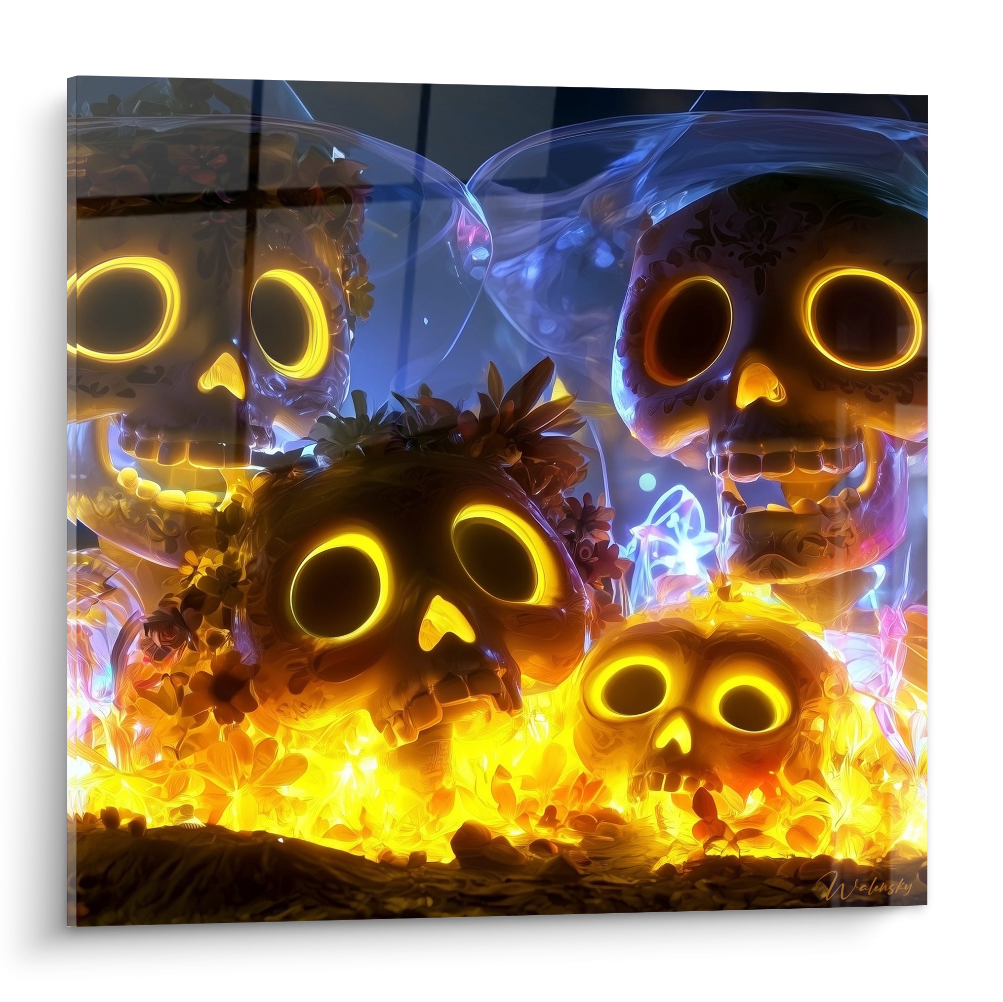 Crânes Dia de los Muertos aux yeux dorés luminescents sur fond bleu nuit et flammes orangées