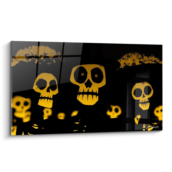 Leinwand Schwarze und Gelbe Schädel in verschwommenem Spiegelbild - Verschwommene Silhouetten auf dem Boden - Dia de los Muertos Edition
