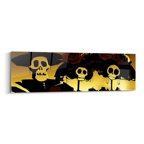 Trio Skull Painting with Gold and Black Skulls and Dark Roses - Wide-brimmed Hat - Dia de los Muertos Edition