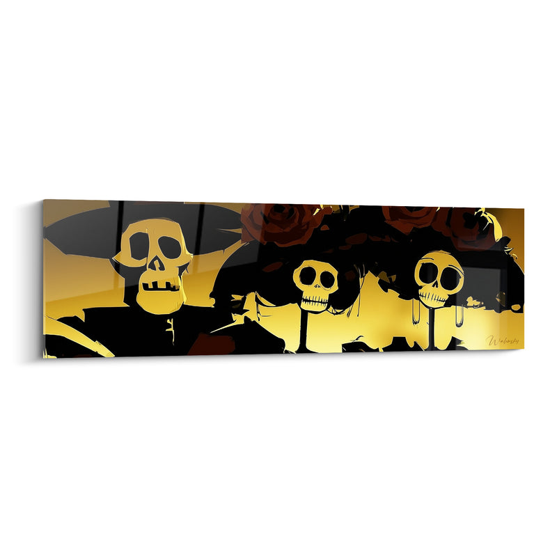 Tableau Trio de crânes dorés et noirs aux roses sombres - Chapeau à large bord - Edition Dia de los Muertos