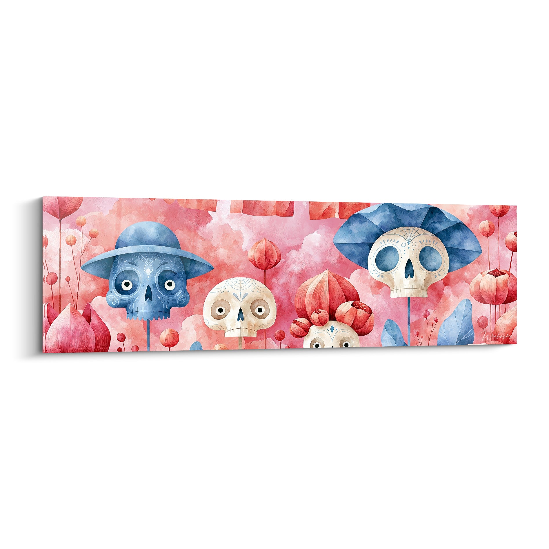 Crânes fleuris en rose poudré et bleu marine peints à l'aquarelle sur toile Dia de los Muertos