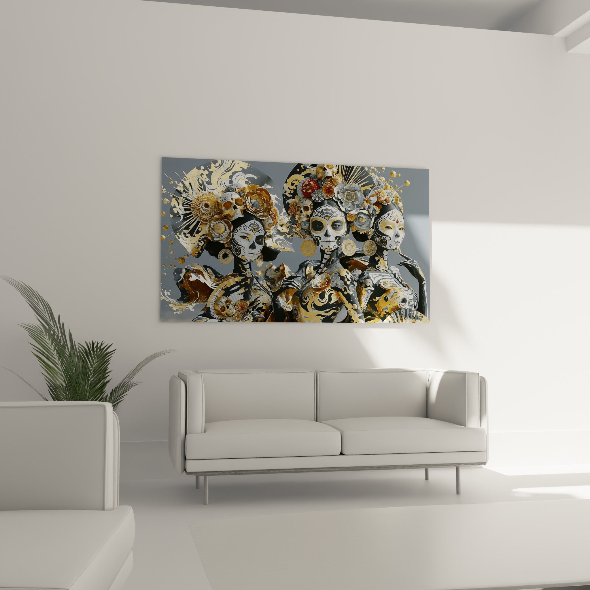 Visages peints façon crâne, tons or et argent, coiffés de fleurs, au-dessus d'un canapé dans un salon lumineux