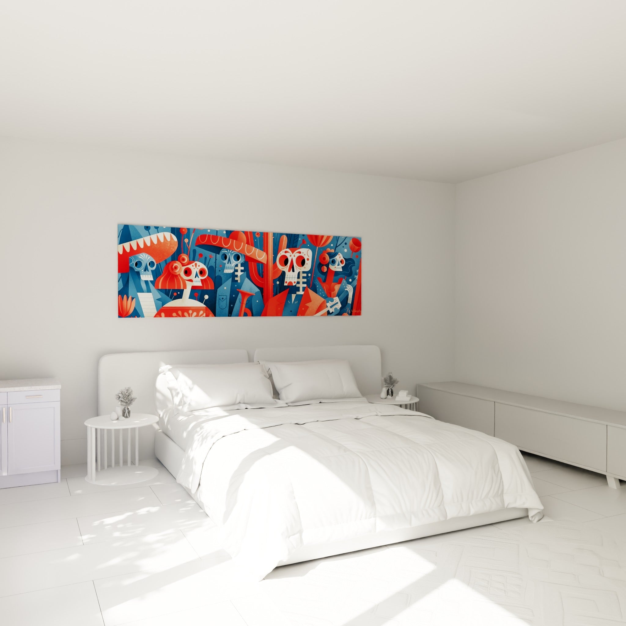Crânes ornés rouges et bleu marine du Dia de los Muertos, au-dessus d'un lit dans une chambre claire