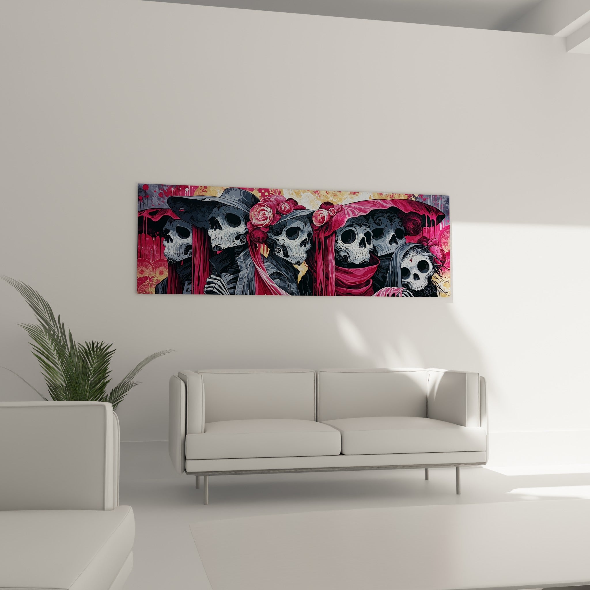 Visages osseux drapés de bordeaux et roses fanées, au-dessus d'un canapé dans un salon lumineux