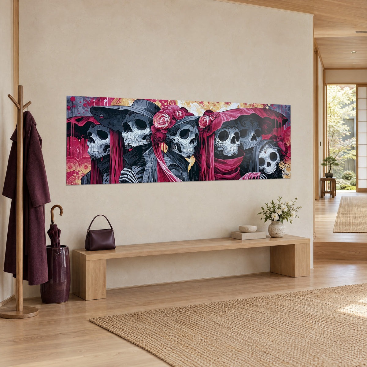 Quadro di scheletri in fila tra peonie pallide, grigio ardesia e rosso bordeaux, parete color crema di un ingresso japandi con panca