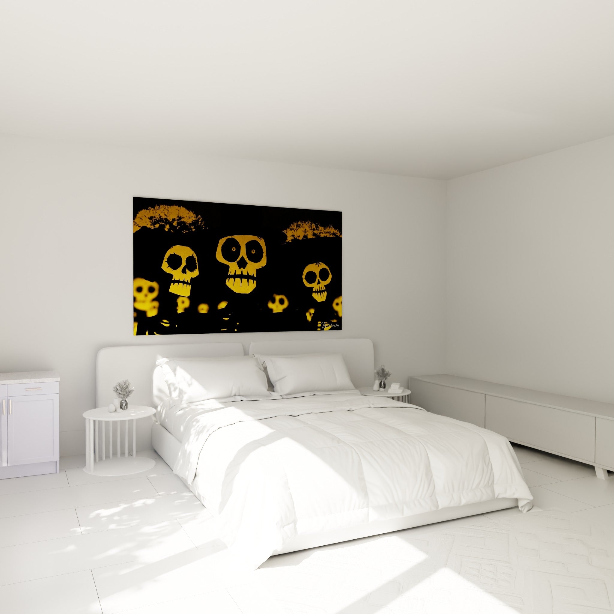 Silhouettes dorées de crânes contrastant avec un fond noir, tableau Dia de los Muertos au-dessus d'un lit dans une chambre claire