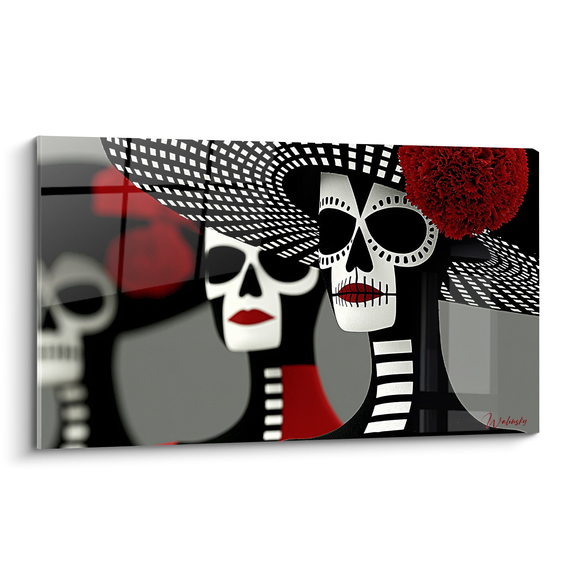 Trois crânes Dia de los Muertos noir et blanc, lèvres rouges, chapeaux à damiers
