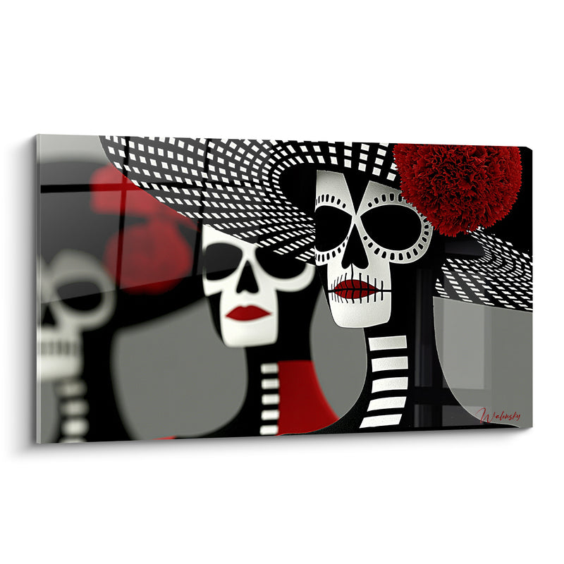 Tableau Crânes noir et blanc aux lèvres rouges - Veillée silencieuse - Edition Dia de los Muertos