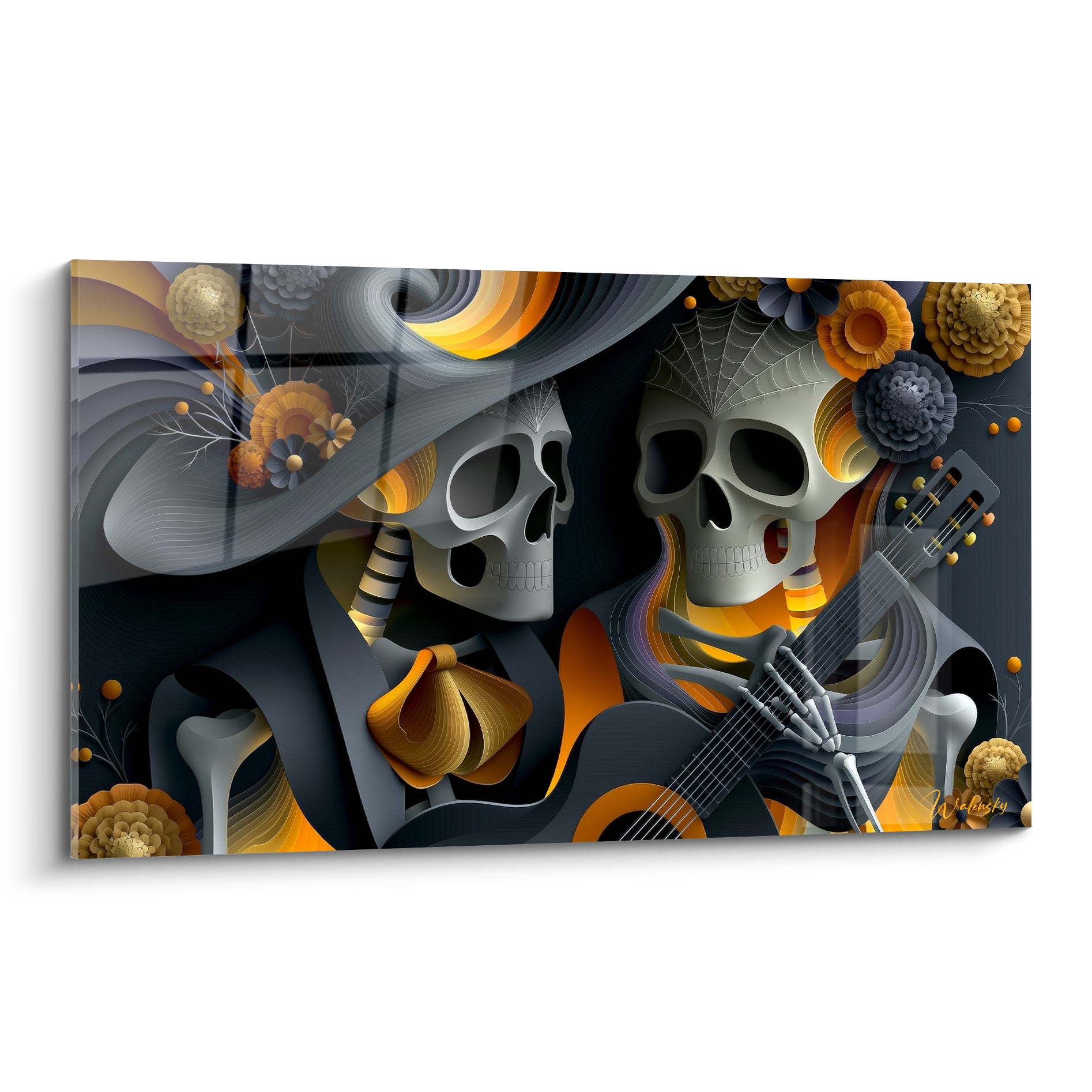 Crânes mariachis anthracite et ocre jouant de la guitare, fleurs dorées en relief, Dia de los Muertos