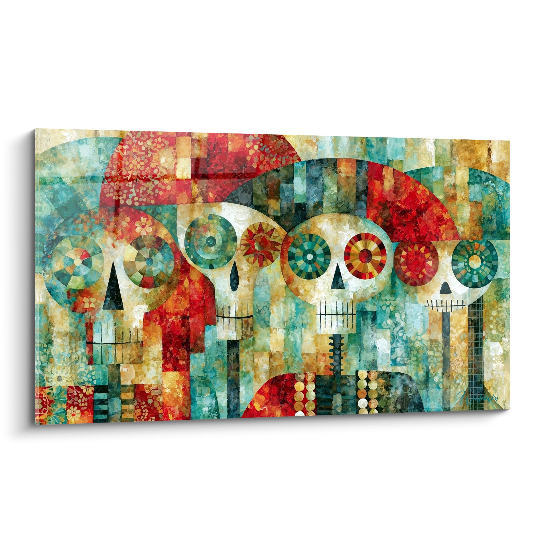 Quatre crânes mosaïqués turquoise et rouge terracotta ornent ce tableau Dia de los Muertos éclatant