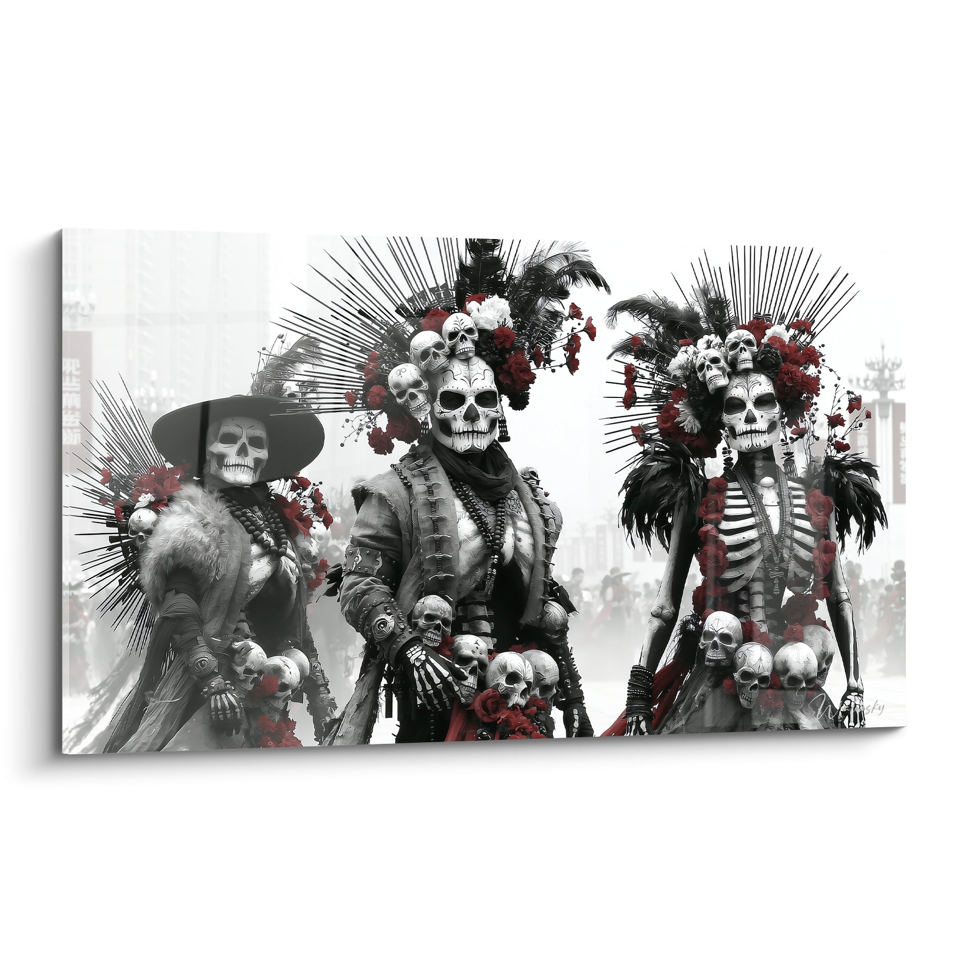 Trois figures du Dia de los Muertos en crânes peints et plumes noires, roses rouge sombre, noir et blanc