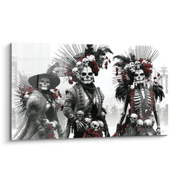 Dipinto Tre figure in costumi di teschi rossi - Processione degli antenati - Edizione Dia de los Muertos