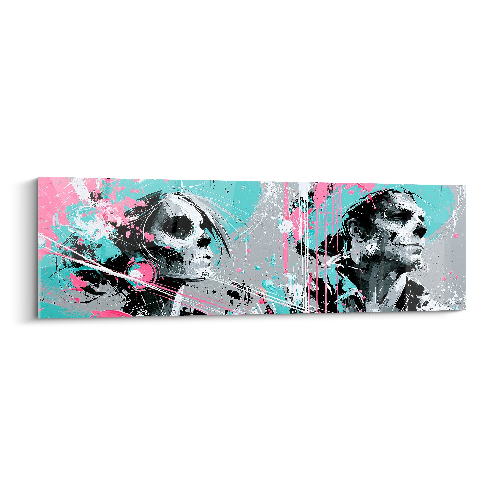 Deux crânes Dia de los Muertos en noir et blanc traversés d'éclaboussures rose fluo et turquoise vif