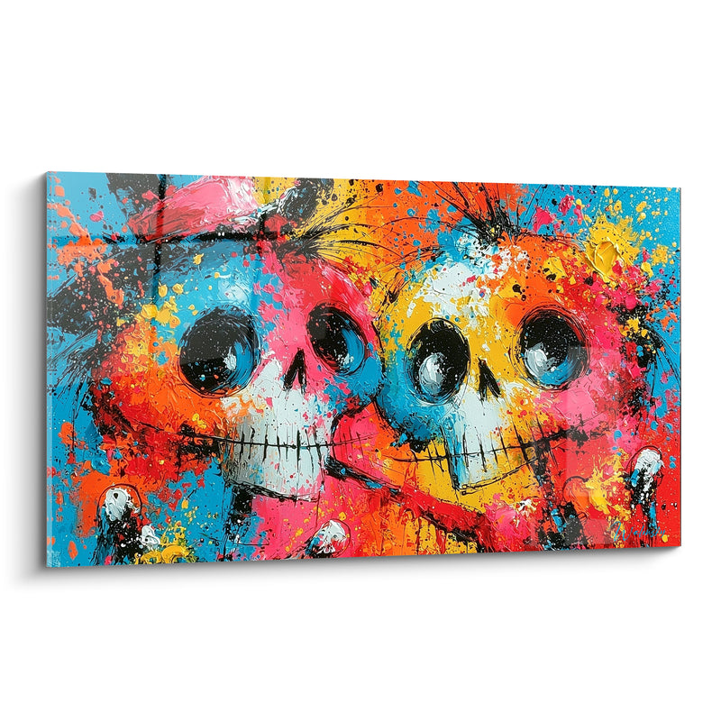 Tableau Crânes souriants en éclaboussures roses et jaunes - Duo festif - Edition Dia de los Muertos