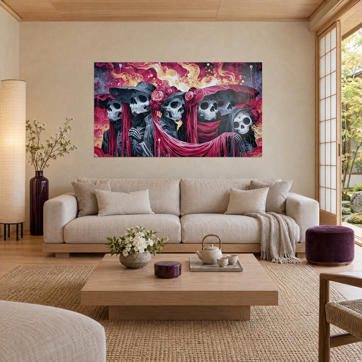 Gemälde sechs geschminkte Totenschädel in Grau und Purpur unter geblümten Hüten, drapierter rosa Schal, über einem Sofa in einem hellen Wohnzimmer