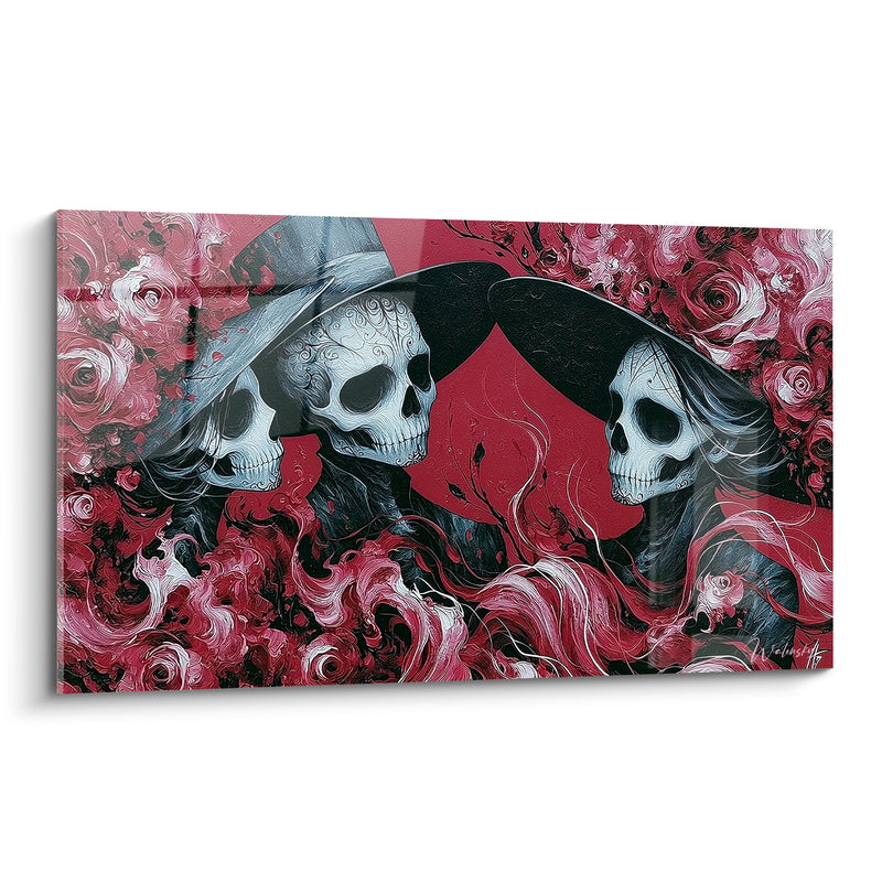 Tableau Crânes ornés à chapeaux rouge et noir - Ballet des âmes - Edition Dia de los Muertos