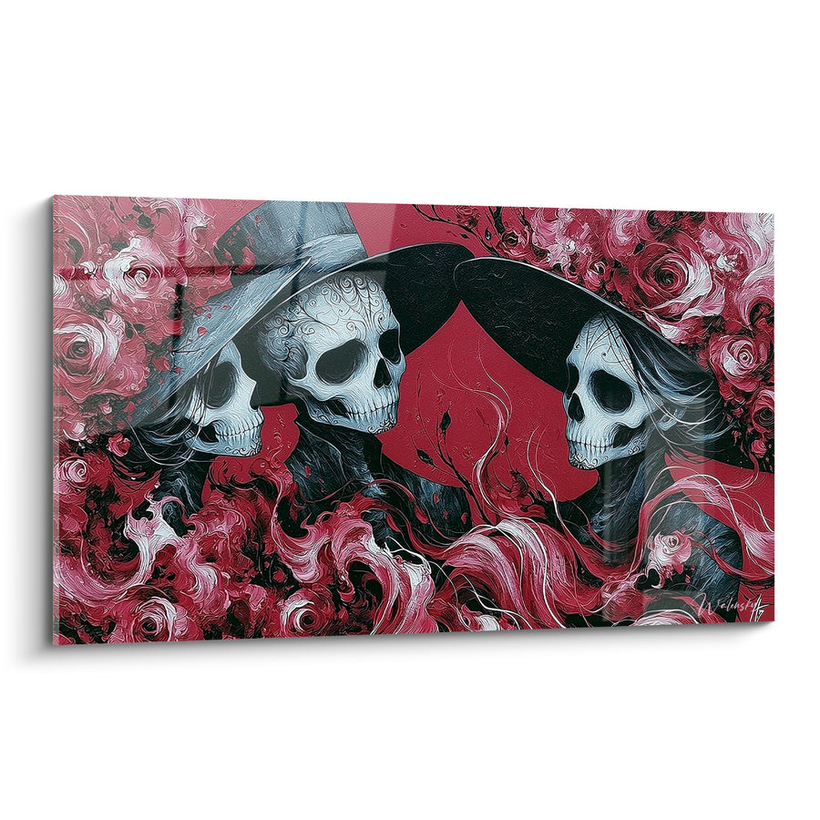 Tableau Crânes ornés à chapeaux rouge et noir - Ballet des âmes - Edition Dia de los Muertos