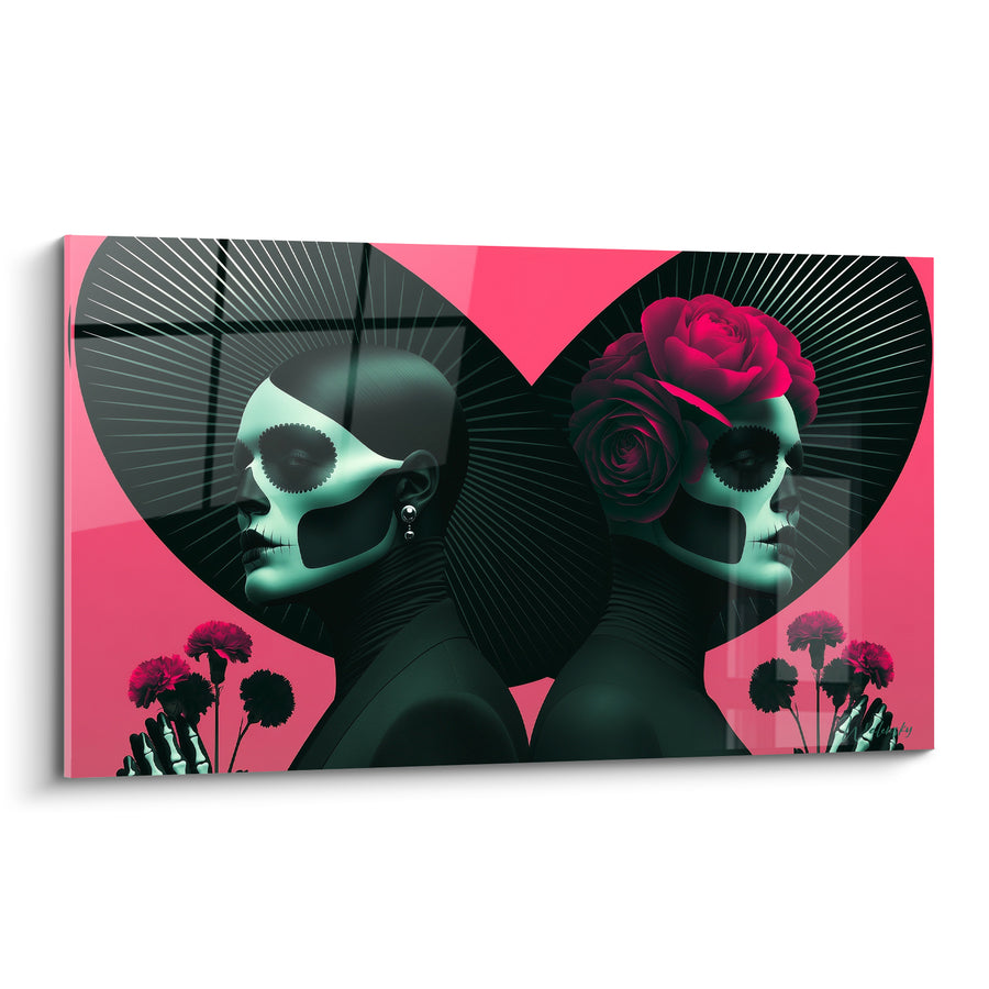 Tableau Crânes dos à dos roses et roses rouges - Âmes jumelles - Edition Dia de los Muertos