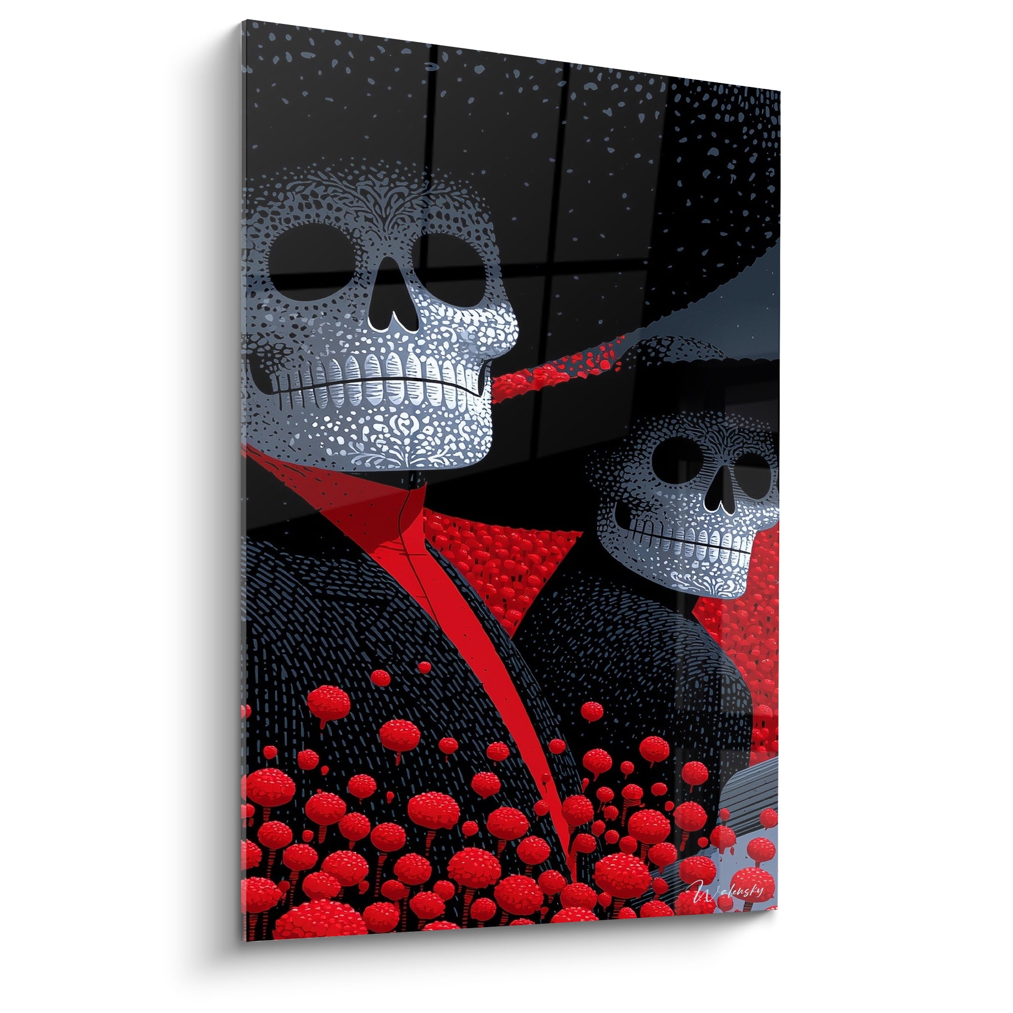 Crânes anthracite aux motifs floraux blancs, encadrés de fleurs rouge vif sur fond noir étoilé