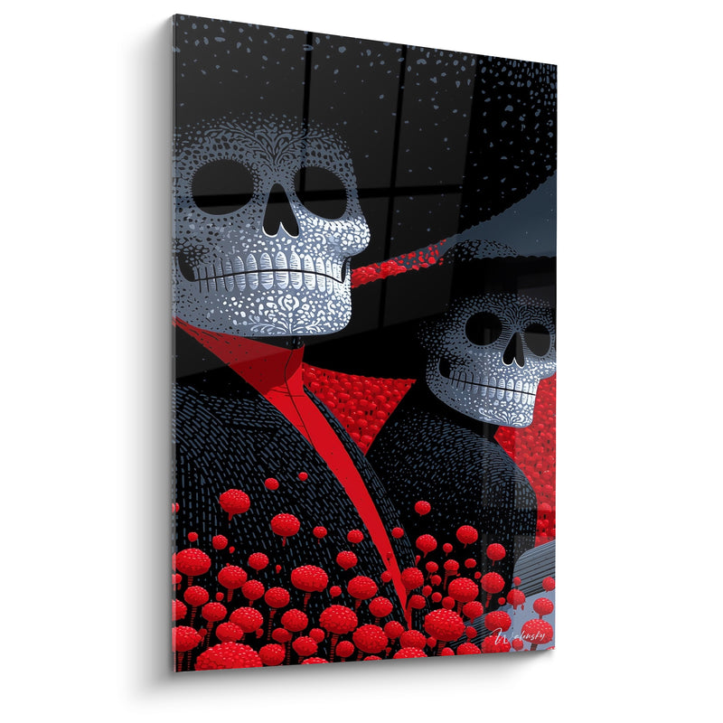 Tableau Crânes gris et rouge aux fleurs pompons - Chapeau à large bord - Edition Dia de los Muertos