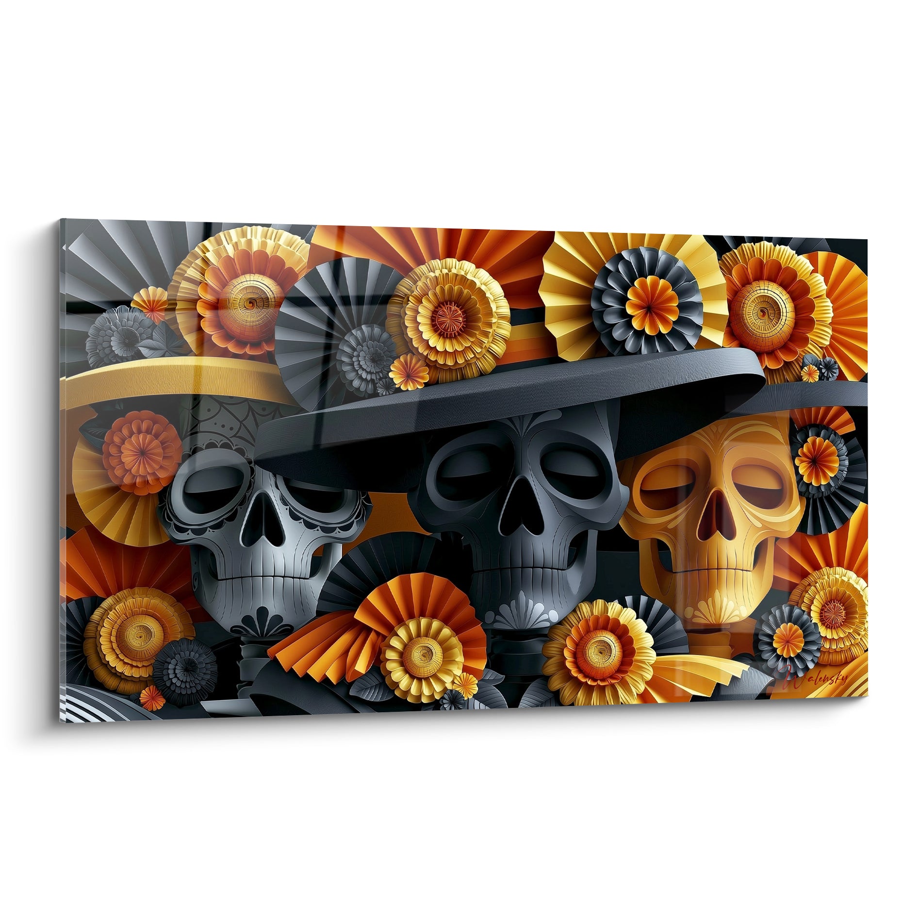 Trois crânes gris et dorés coiffés d'un sombrero noir entourés de fleurs orange en papier