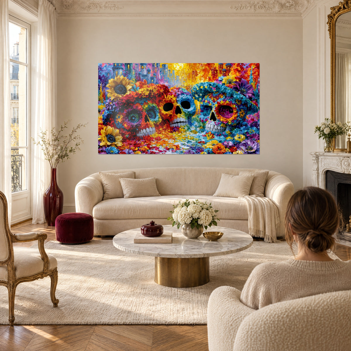 Wall art trio of skulls in mosaic of red and turquoise flowers, yellow sunflowers, woman seen from behind, above a sofa in a bright living room