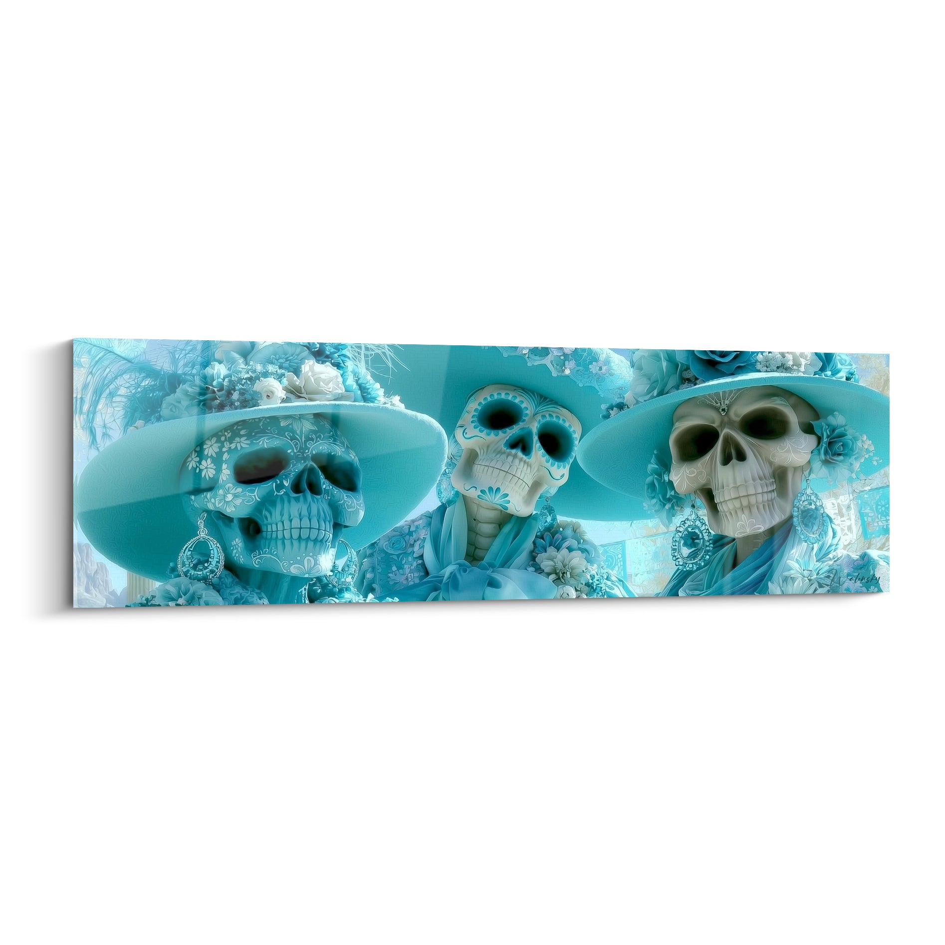 Trois crânes Dia de los Muertos turquoise et blanc coiffés de chapeaux fleuris à larges bords