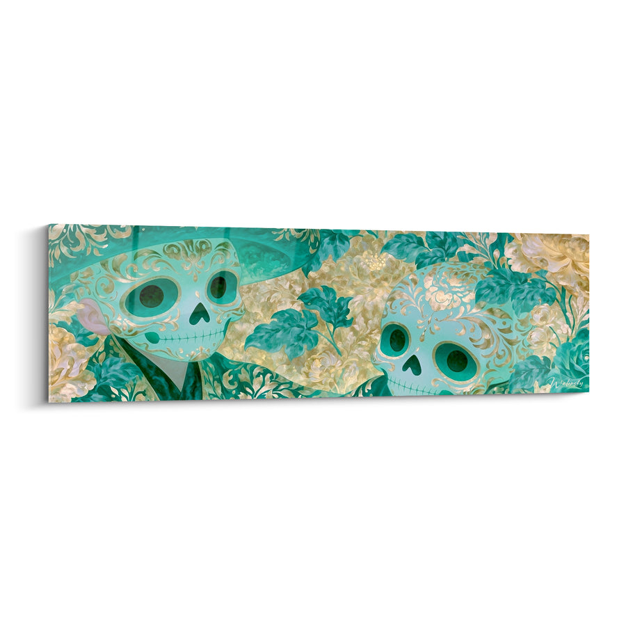 Tableau Crânes turquoise et dorés aux pivoines feuillues - Duo aux chapeaux larges - Edition Dia de los Muertos