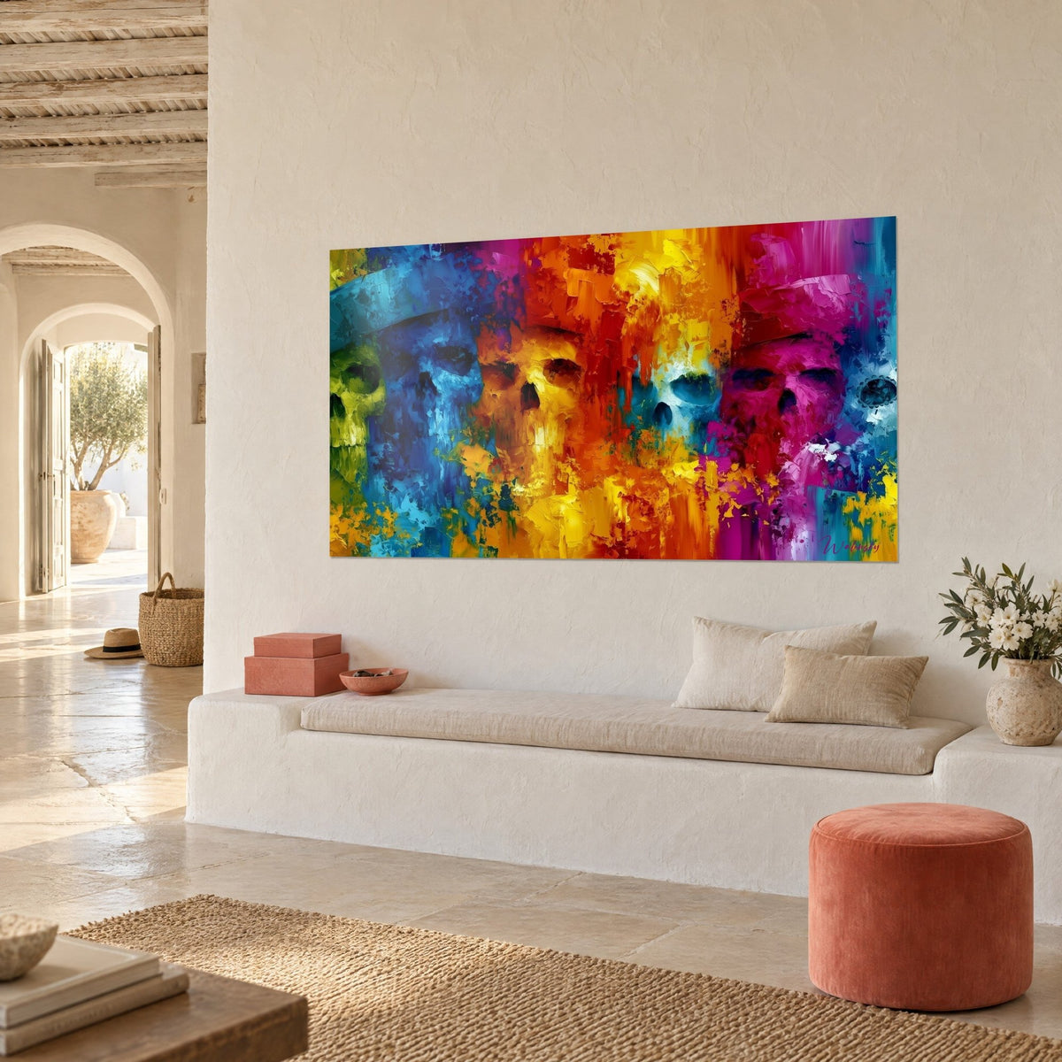 Tableau cortège de têtes de mort peintes jaune et magenta, empâtements au couteau, vu de trois-quarts sur un mur blanc de maison