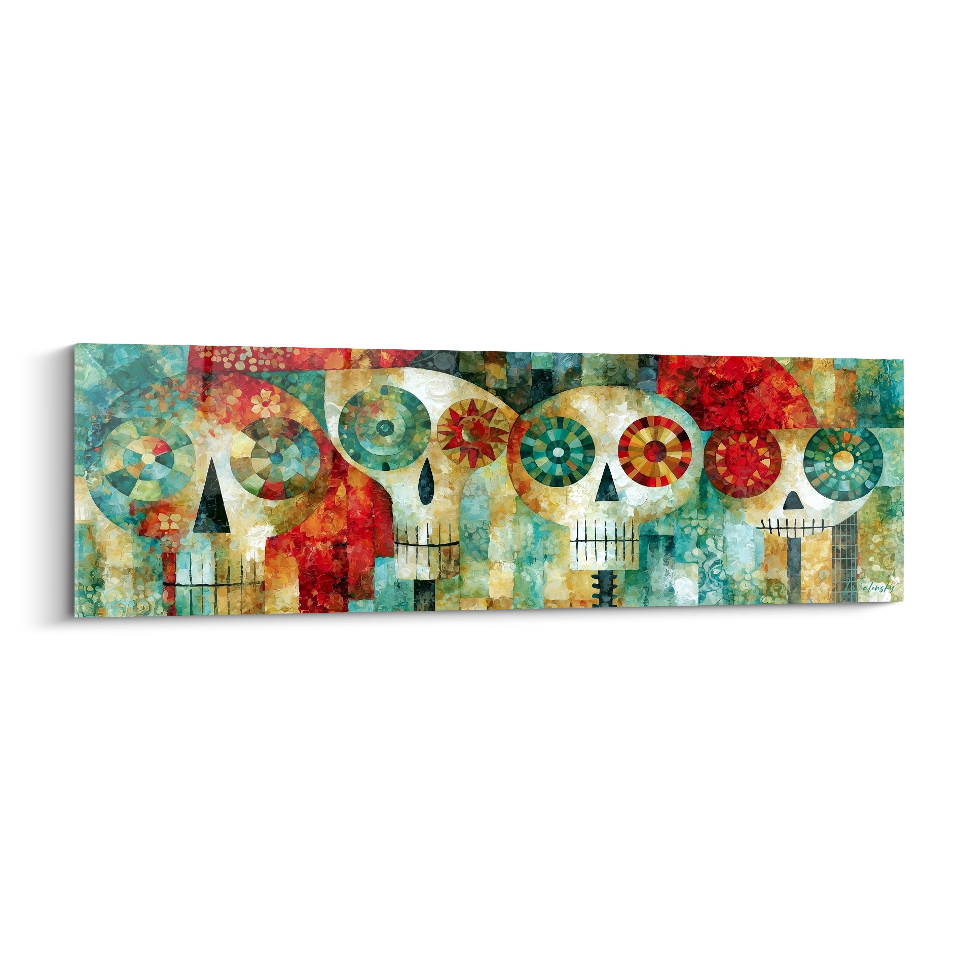 Quatre crânes Dia de los Muertos ivoire aux motifs turquoise et rouge sur fond patchwork coloré