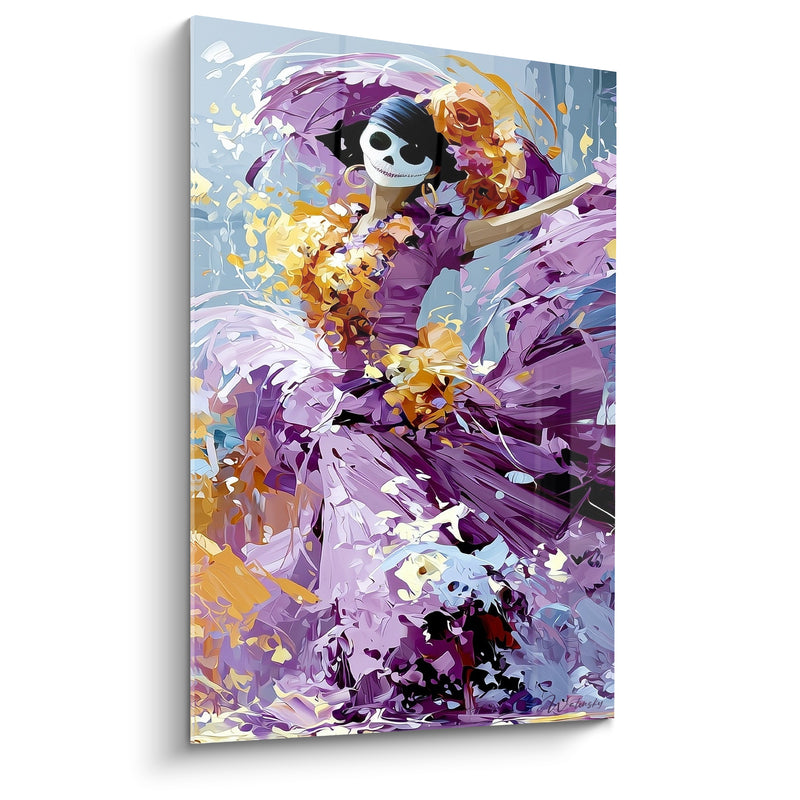 Tableau Catrina violette et dorée à robe tourbillonnante - Danseuse au masque blanc - Edition Dia de los Muertos