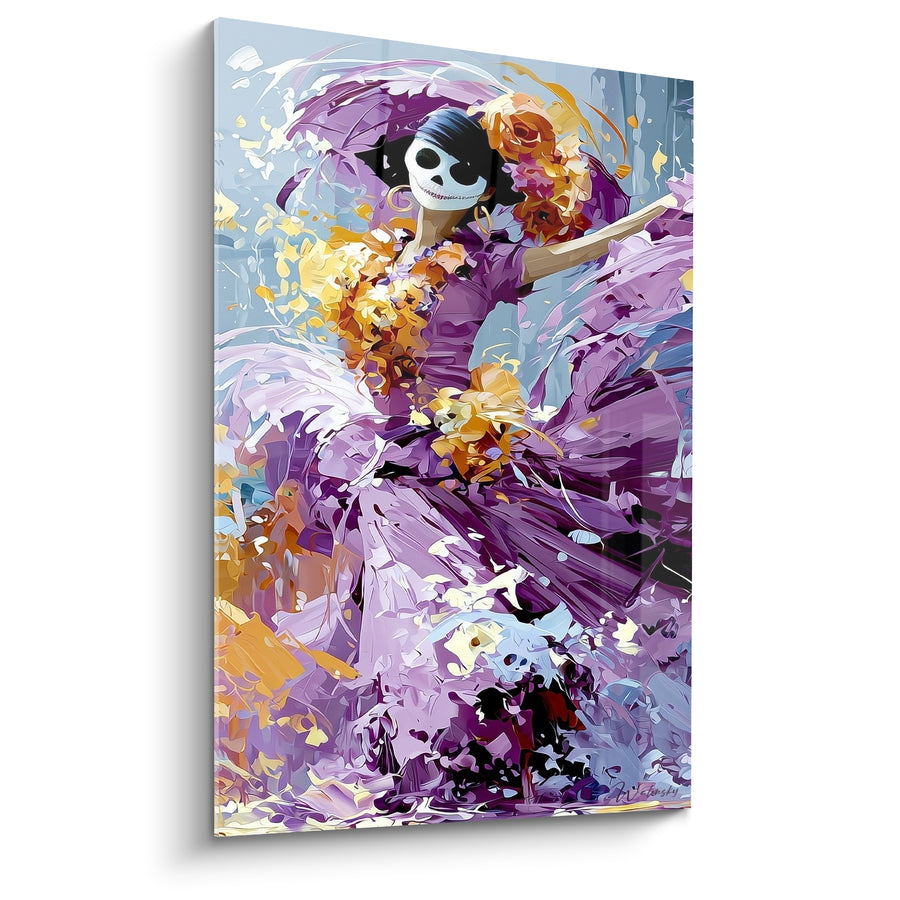 Tableau Catrina violette et dorée à robe tourbillonnante - Danseuse au masque blanc - Edition Dia de los Muertos