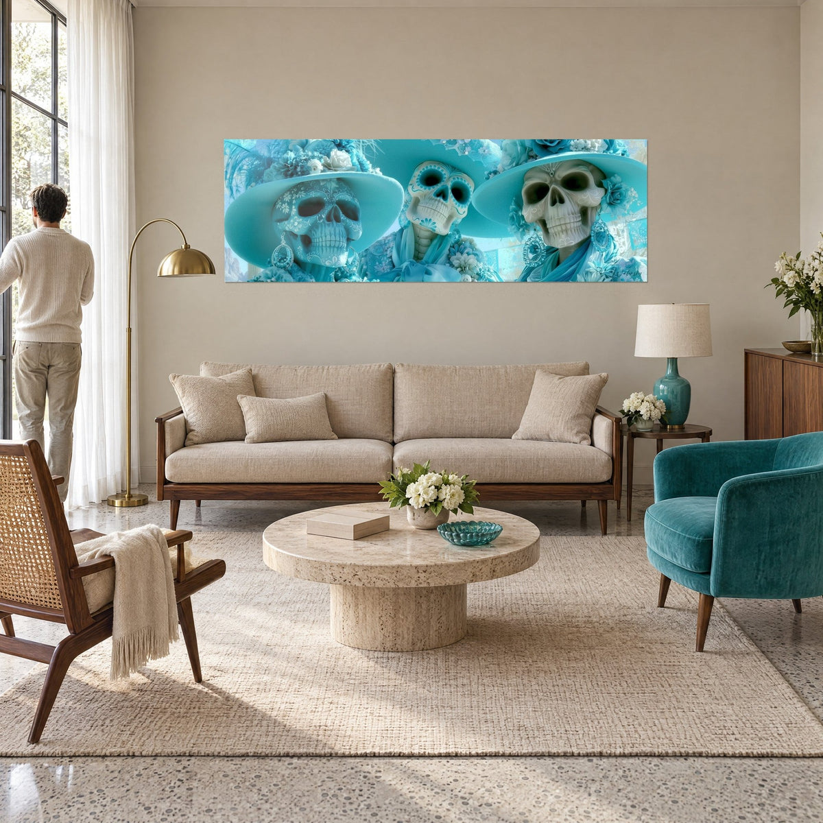 Wall art three skeletons wearing large turquoise hats adorned with white roses, above a sofa in a bright living room
